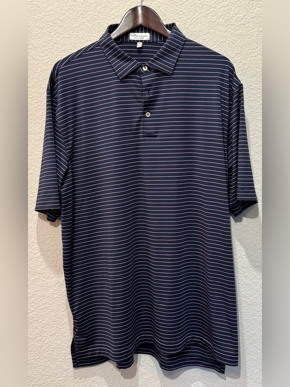 Peter Millar Navy Polo with Thin Pink Stripes, Size XL